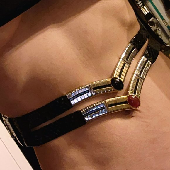 Vintage 70s 80s Judith Leiber Black Snakeskin Expandable Belt Gold Buckle - Picture 14 of 14